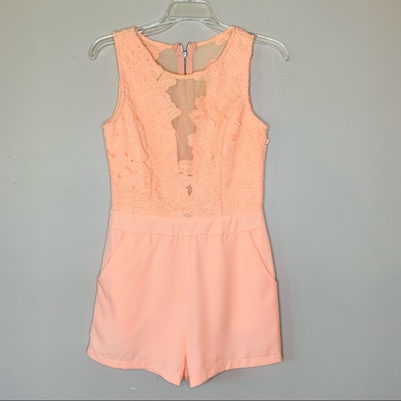 Tea & Cup Peach Sheer Mesh Lace Appliqué Romper S - Picture 3 of 13